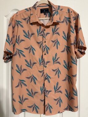 Peach Short-Sleeve Button-Up Shirt with Blue Leaf Print